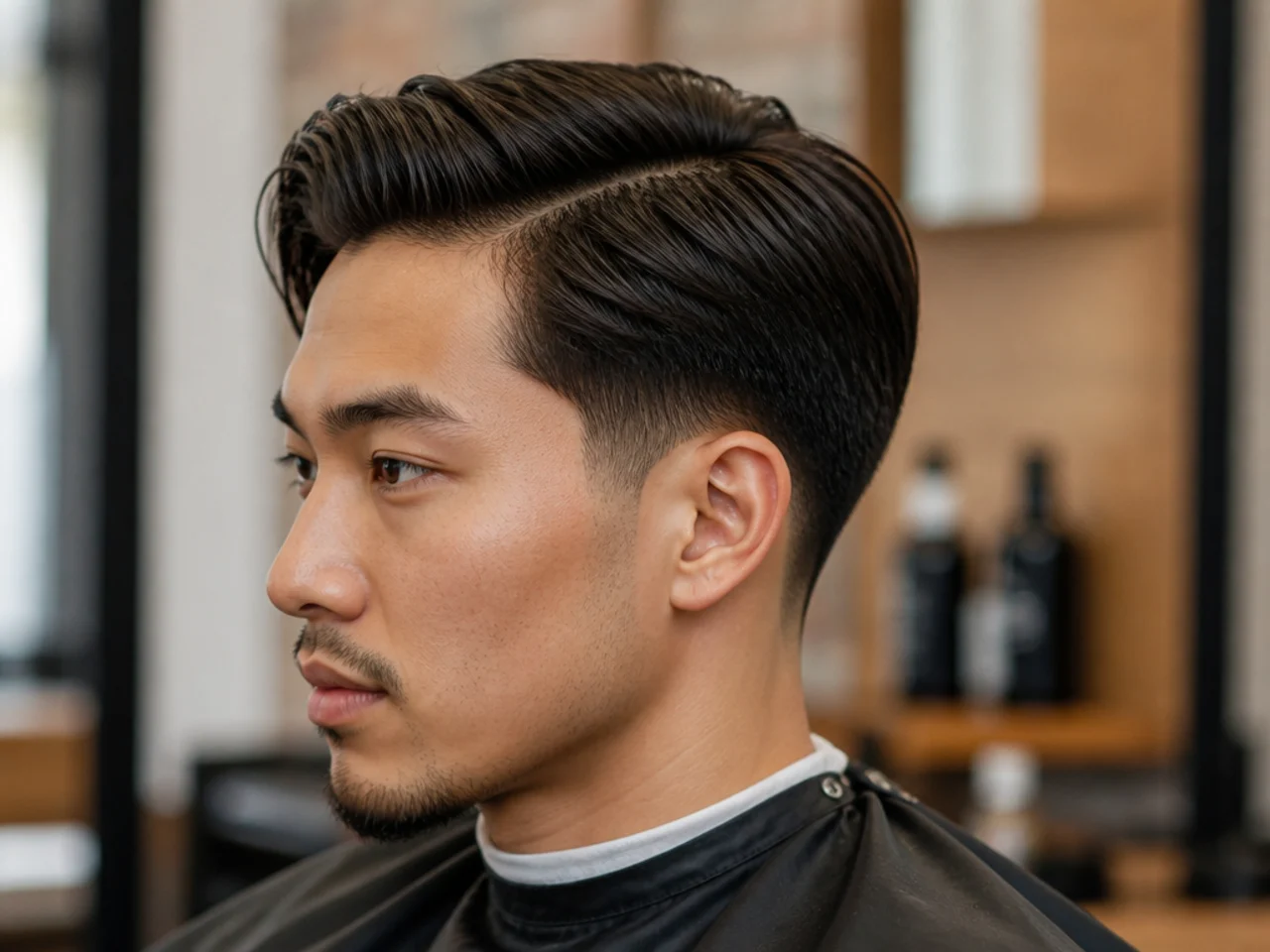 Medium old-money side part with polished finish and low taper fade