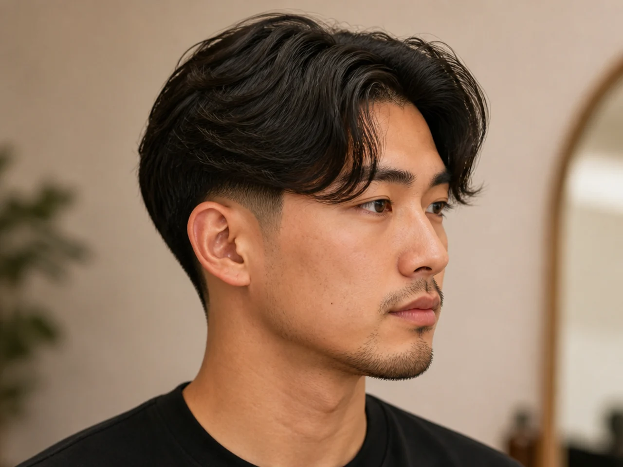Middle part curtains at five inches with feathered pieces past the brows and low taper fade