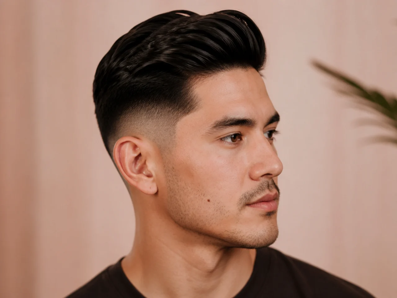 Slicked medium top with low taper fade combed straight back with glossy finish