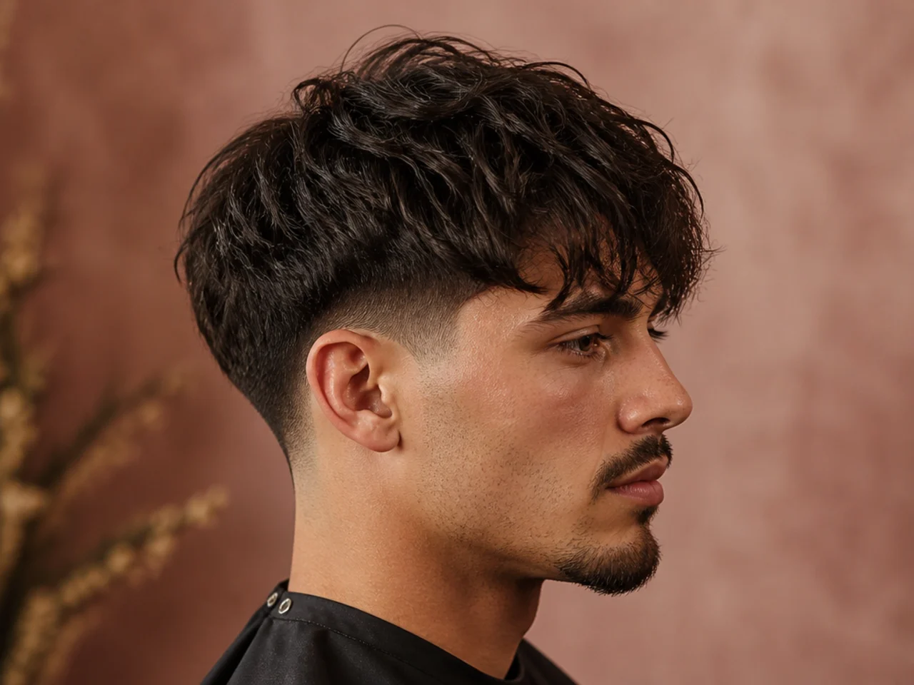 Messy tousled medium hair with heavy internal texture and low taper fade