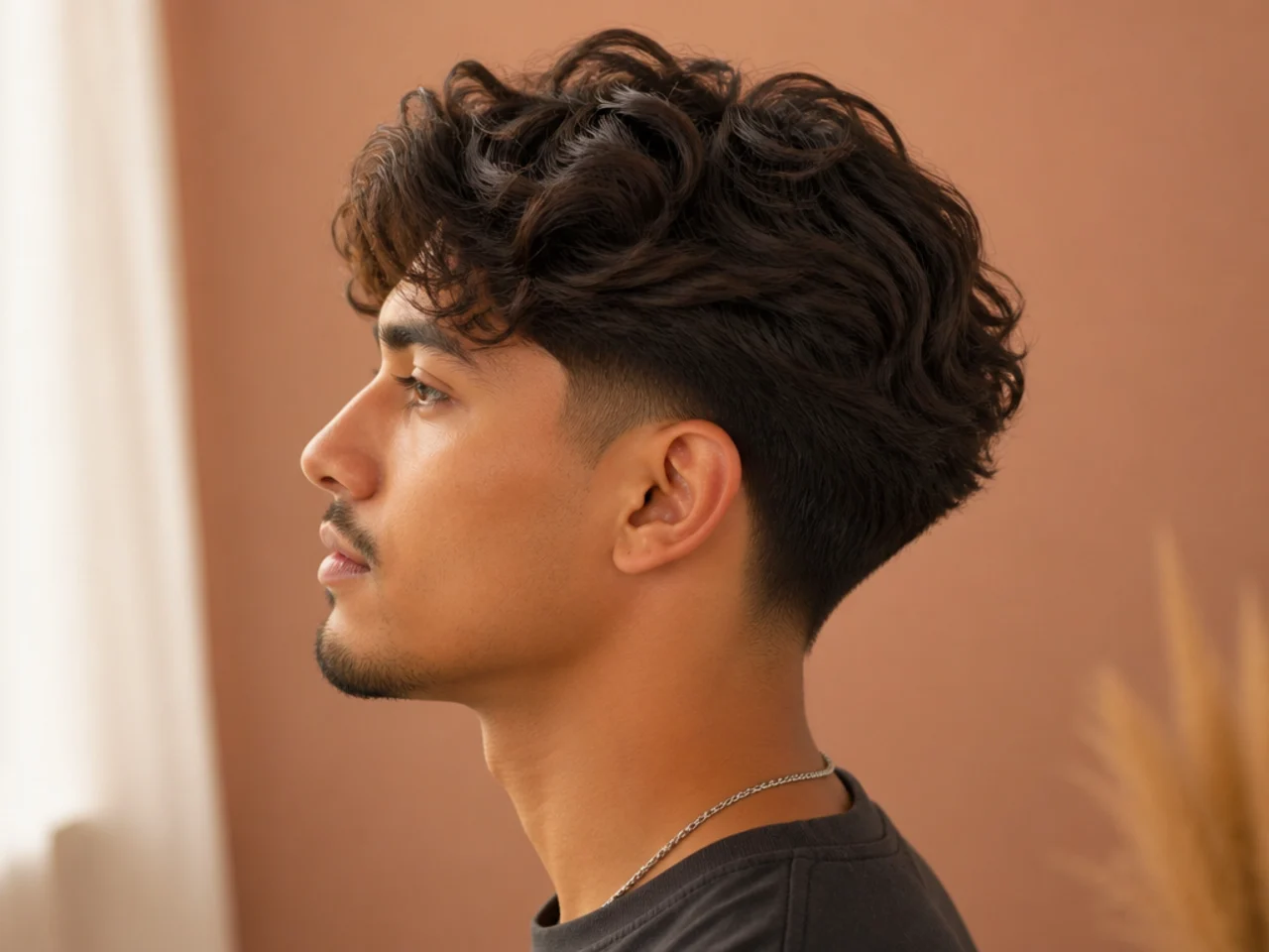 Wavy flow medium hair sweeping back with natural texture and low taper fade