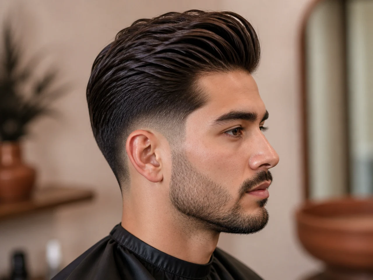 Medium pompadour with low taper fade lifting the front piece into a rounded arch