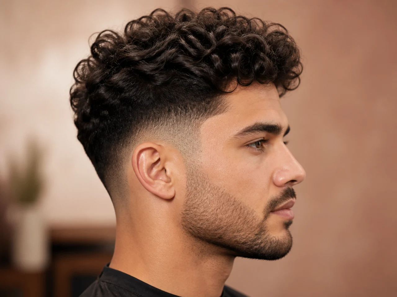 Medium curly top with defined 3A curls and low taper fade at the sides
