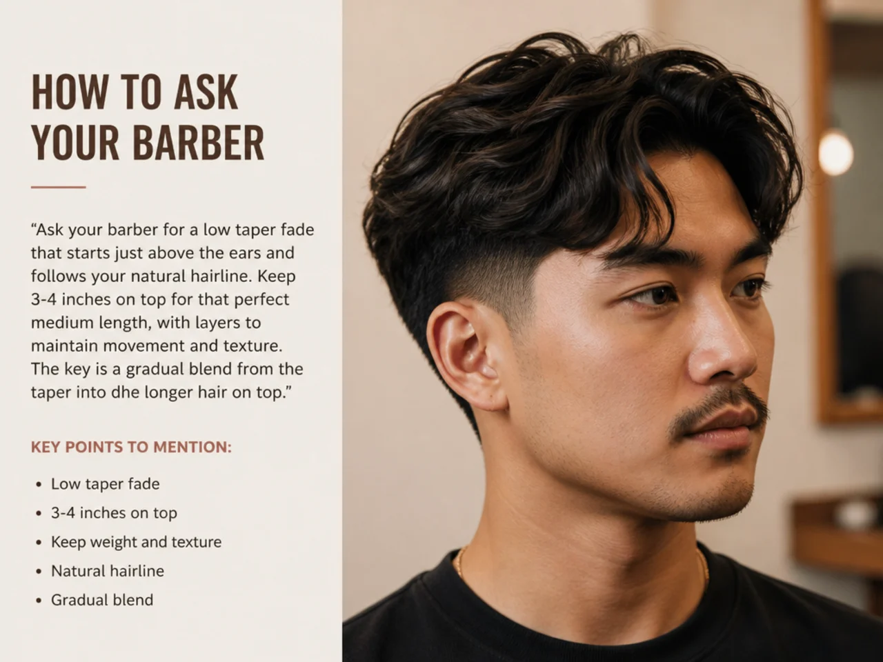 Client showing a reference photo of a low taper fade medium hair style to a barber