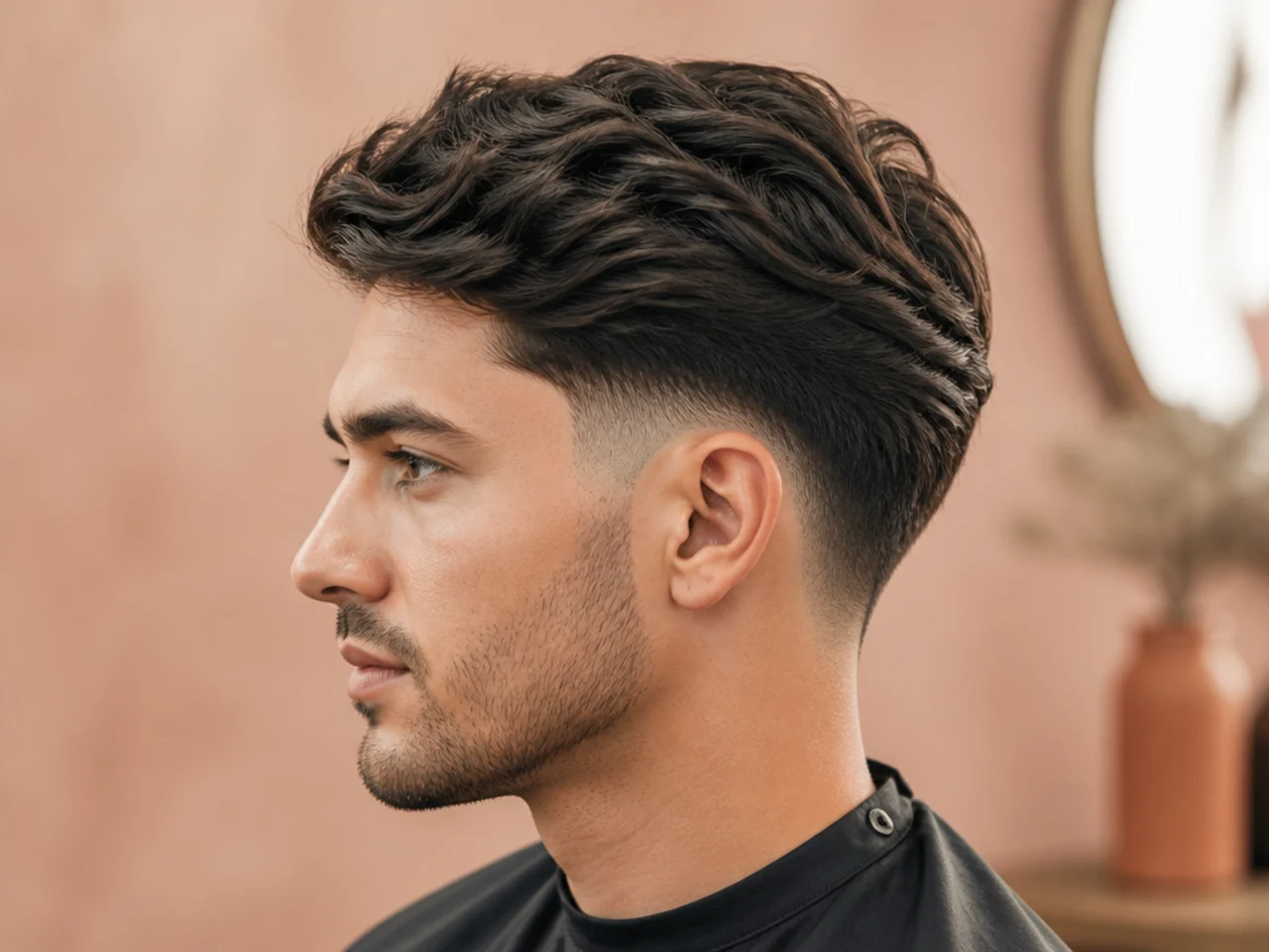 Low taper fade on medium length hair showing the soft blend at the temple and four inches of textured top