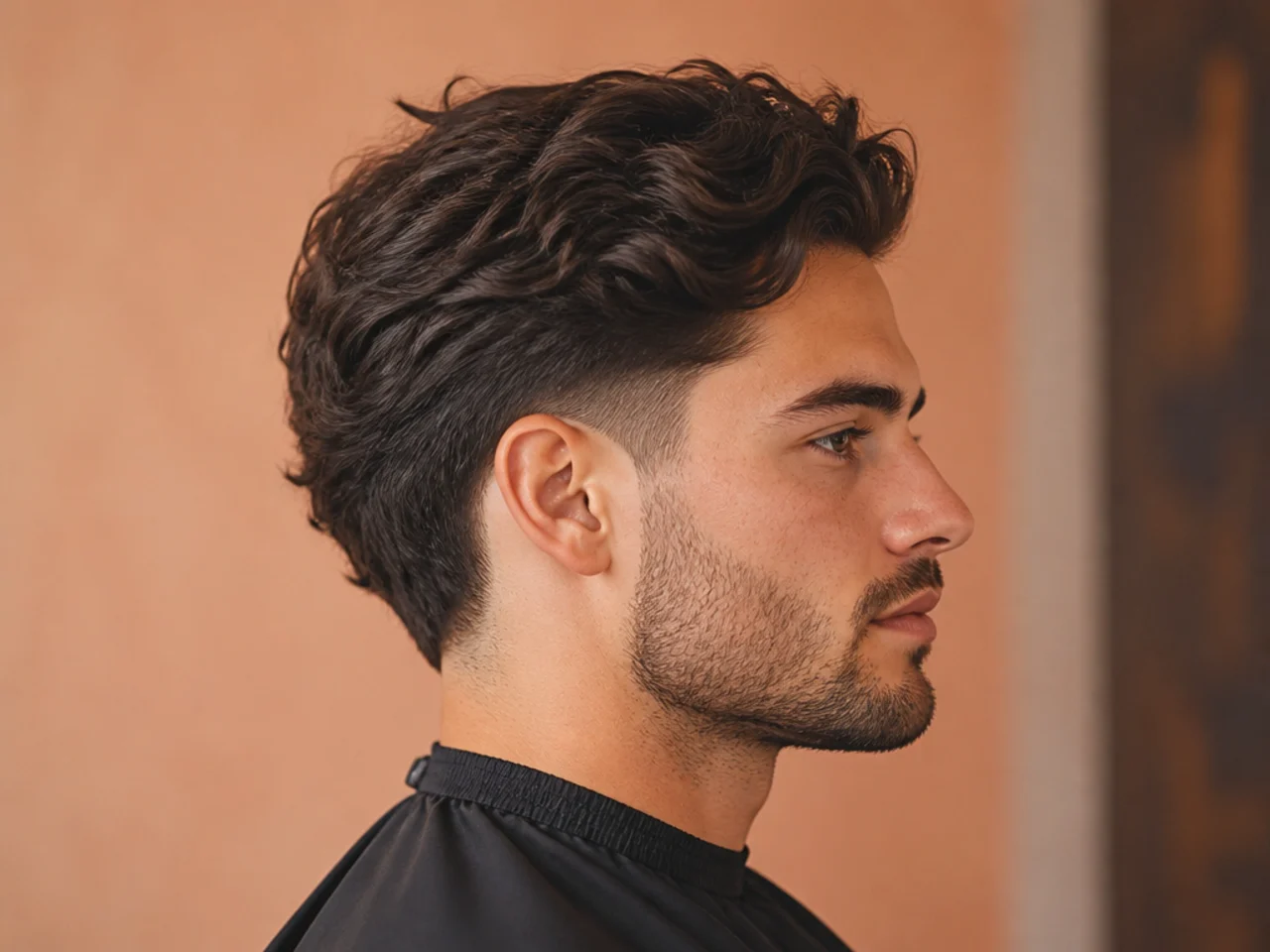 Three men with different low taper fade medium hair styles showing straight, wavy, and curly textures