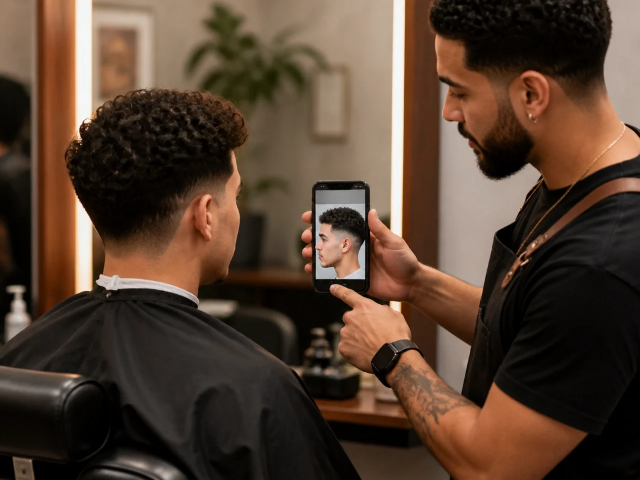 Barber and client at the mirror pointing at a low taper fade reference photo on a phone
