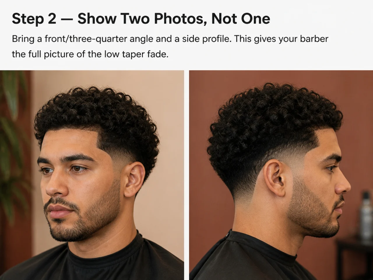 Client holding a phone with two reference photos of a low taper fade side by side in front of a barber shop mirror