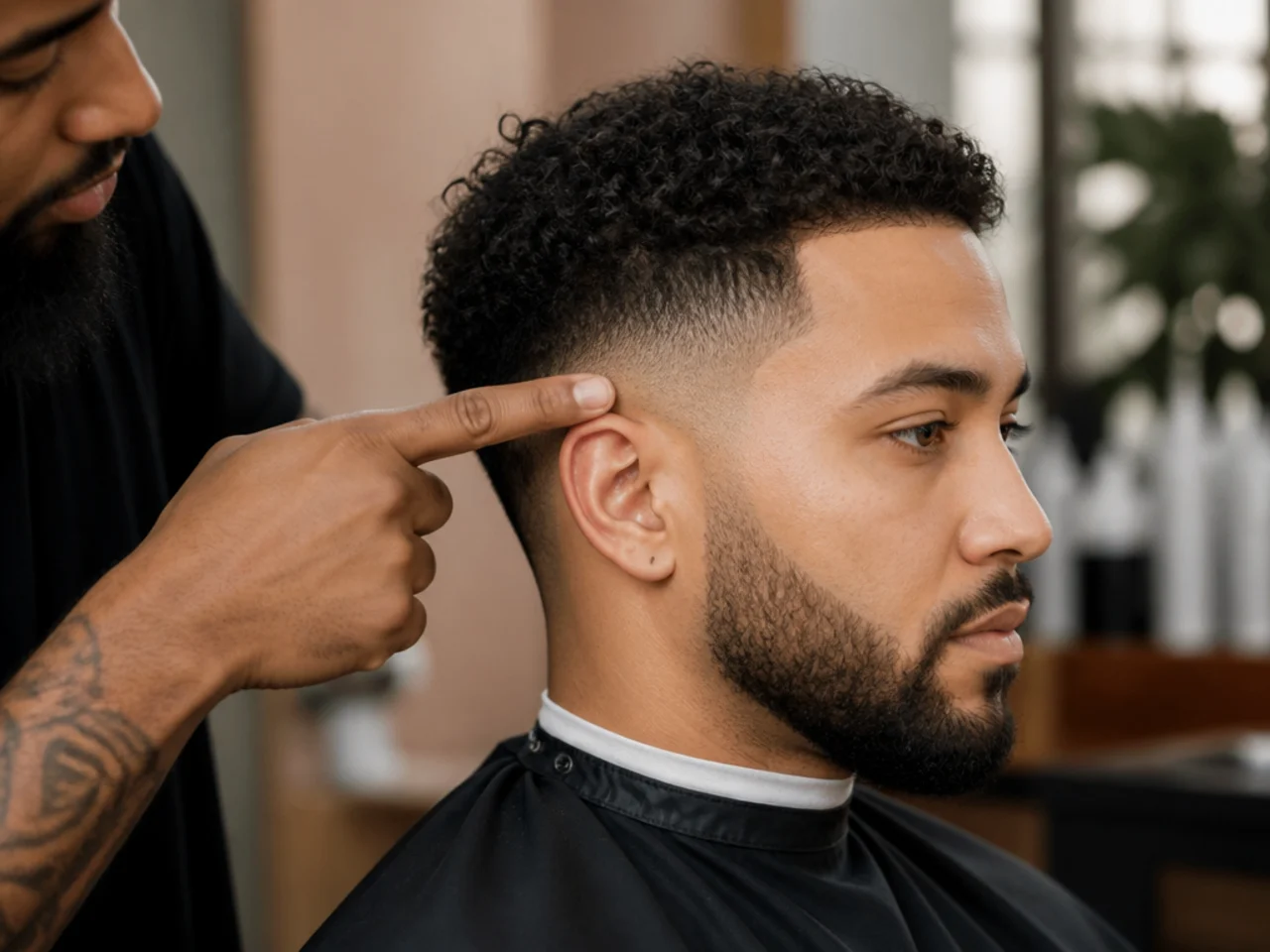 Close-up of a barber pointing at the fade start line just above a client's ear with clippers in hand