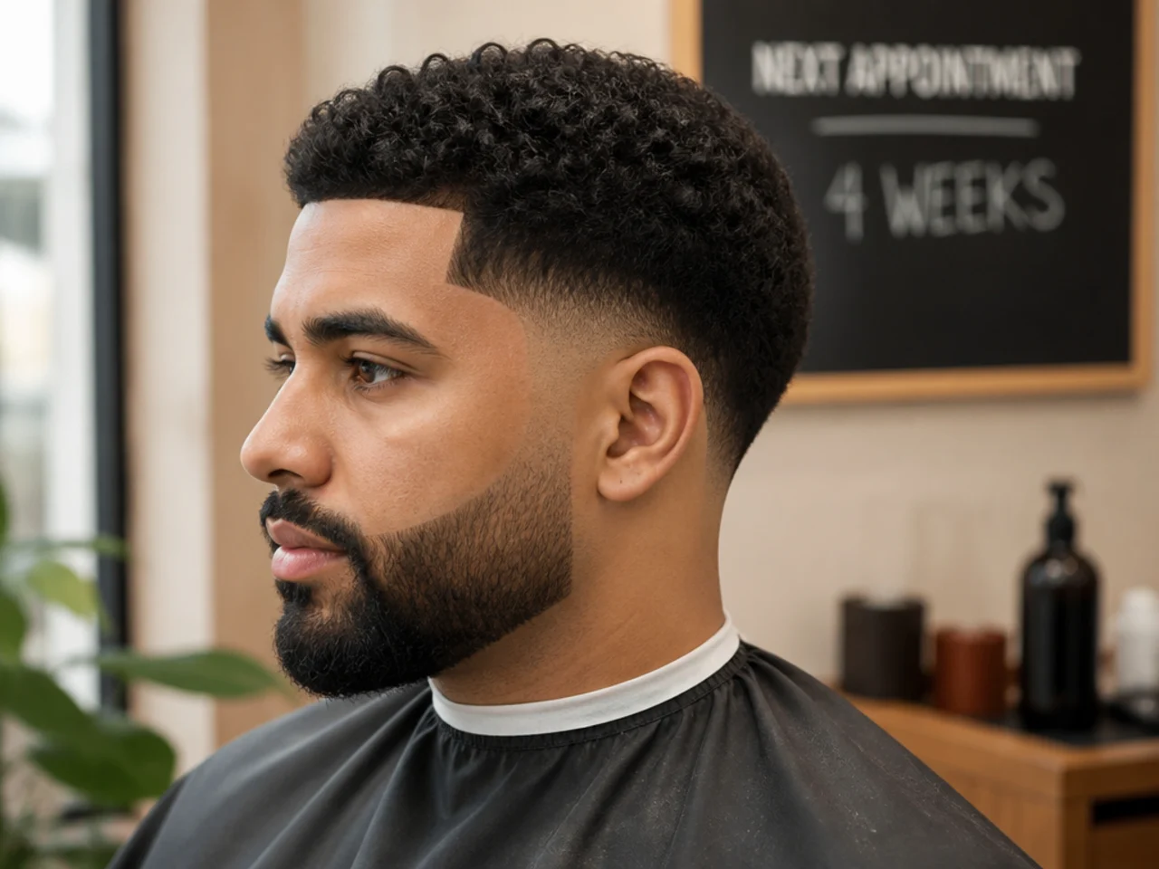 Barber cleaning up the tapered neckline of a low taper fade with a trimmer, rear view