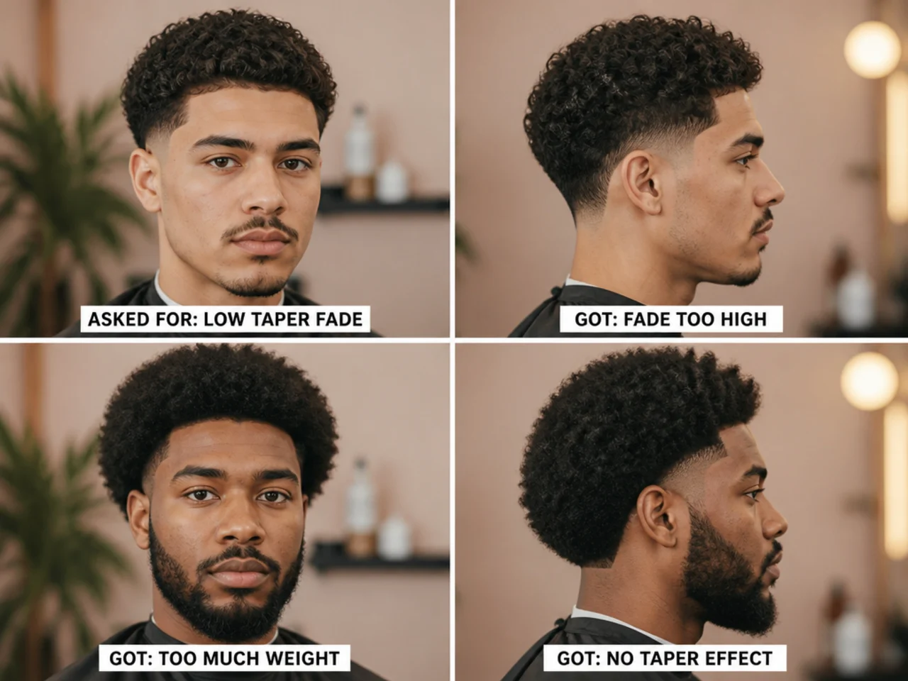 Side-by-side comparison of a bad low taper fade with a hard line versus a clean low taper fade with a soft blend
