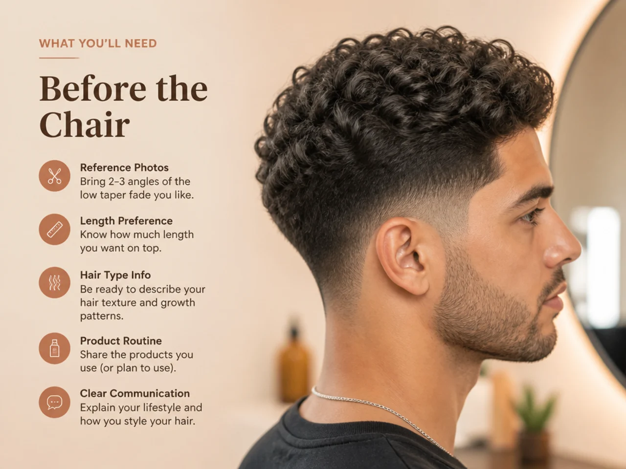 Man in a barber shop chair showing his phone with two reference photos of a low taper fade