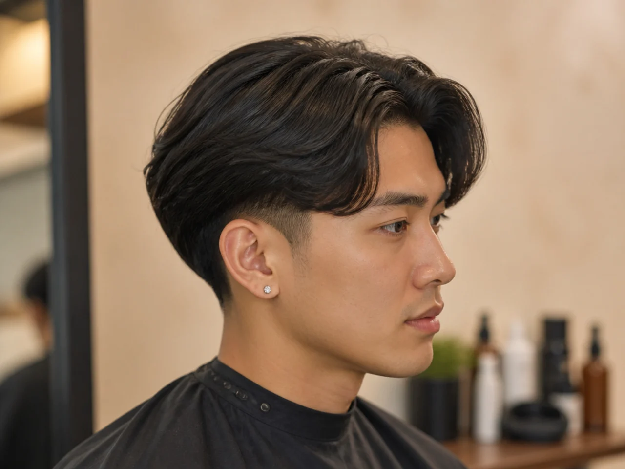Comma hair middle part with curved comma-shaped fringe pieces and low taper fade