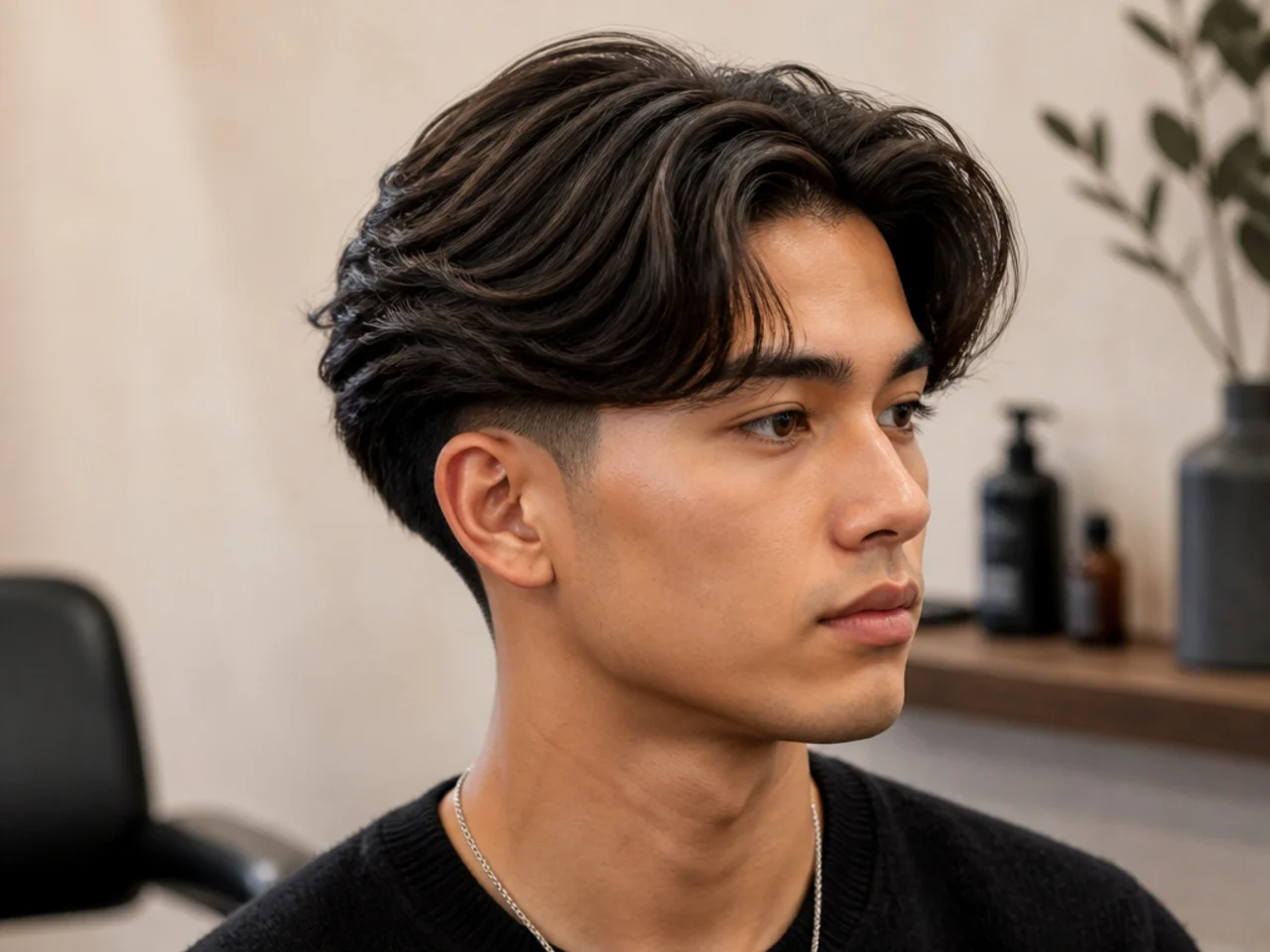 Blowout middle part with high crown volume and low taper fade