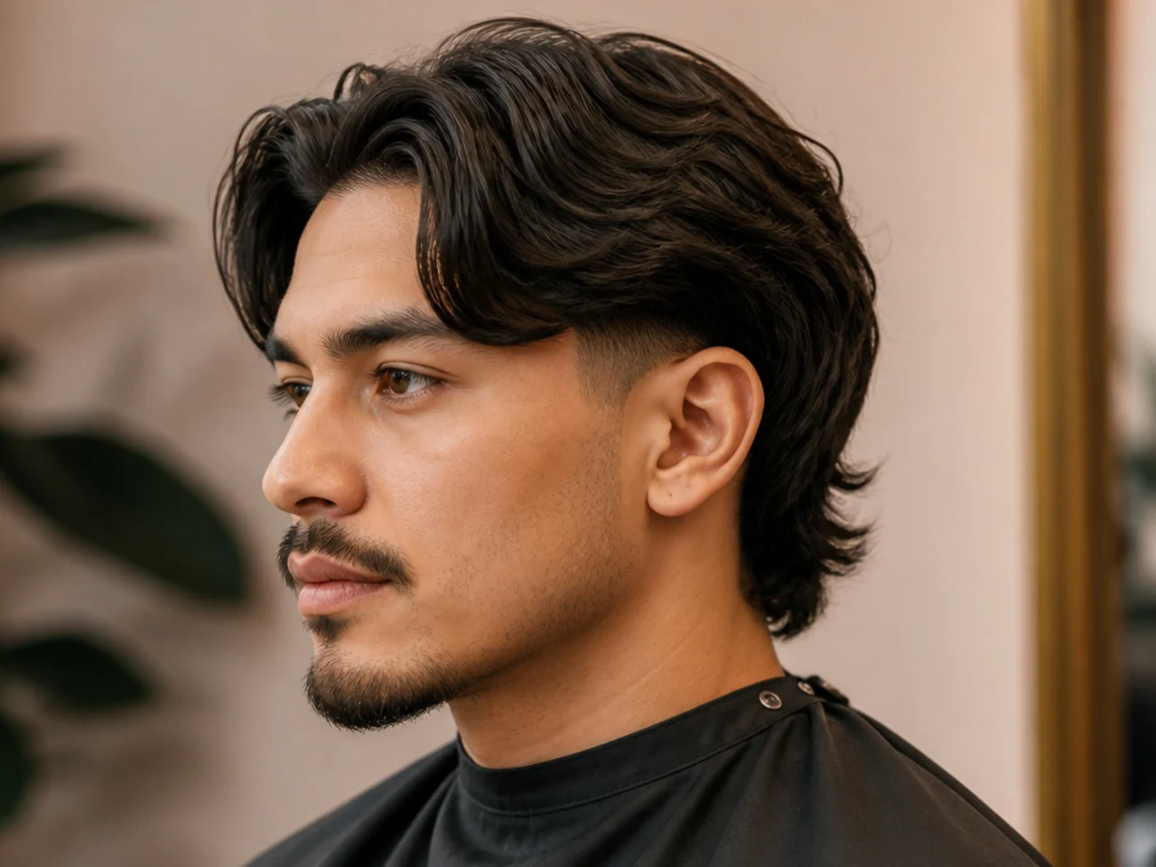 Middle part with length grown at the nape into a faux mullet, low taper fade at the sides