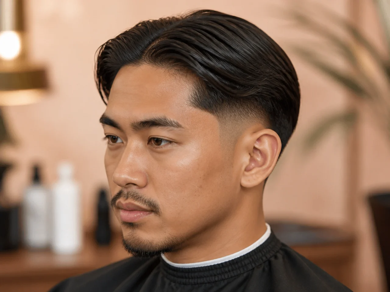 Slick glossy middle part combed flat with low taper fade at the sides