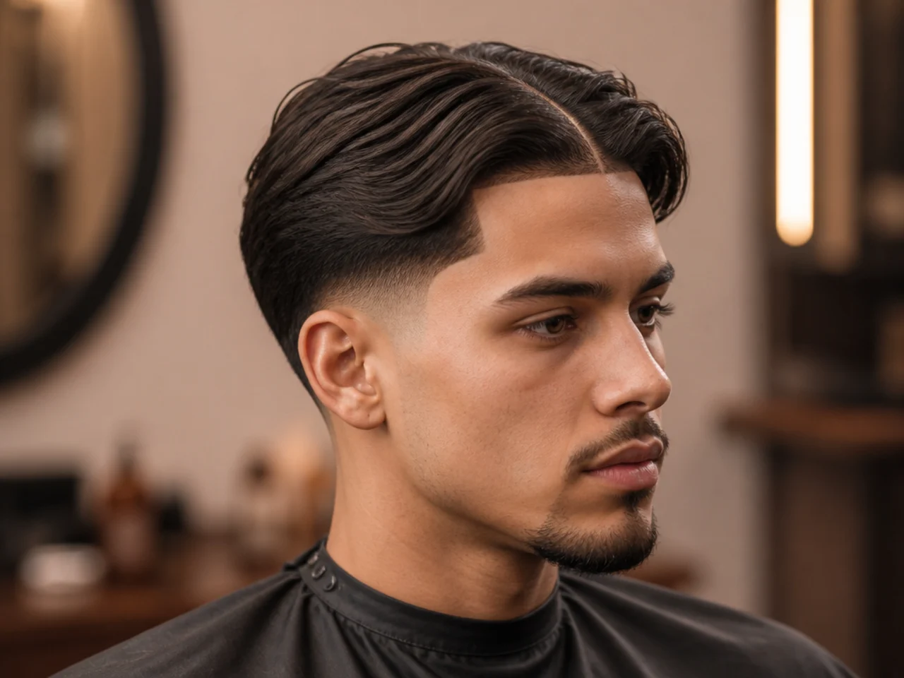 Middle part with sharp razor line-up at the forehead and low taper fade