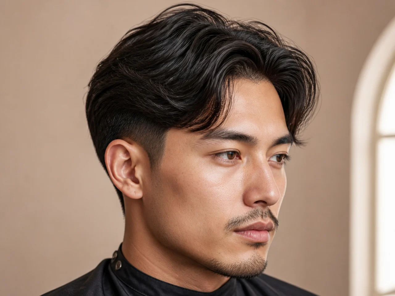 Feathered layered middle part on wavy hair with low taper fade