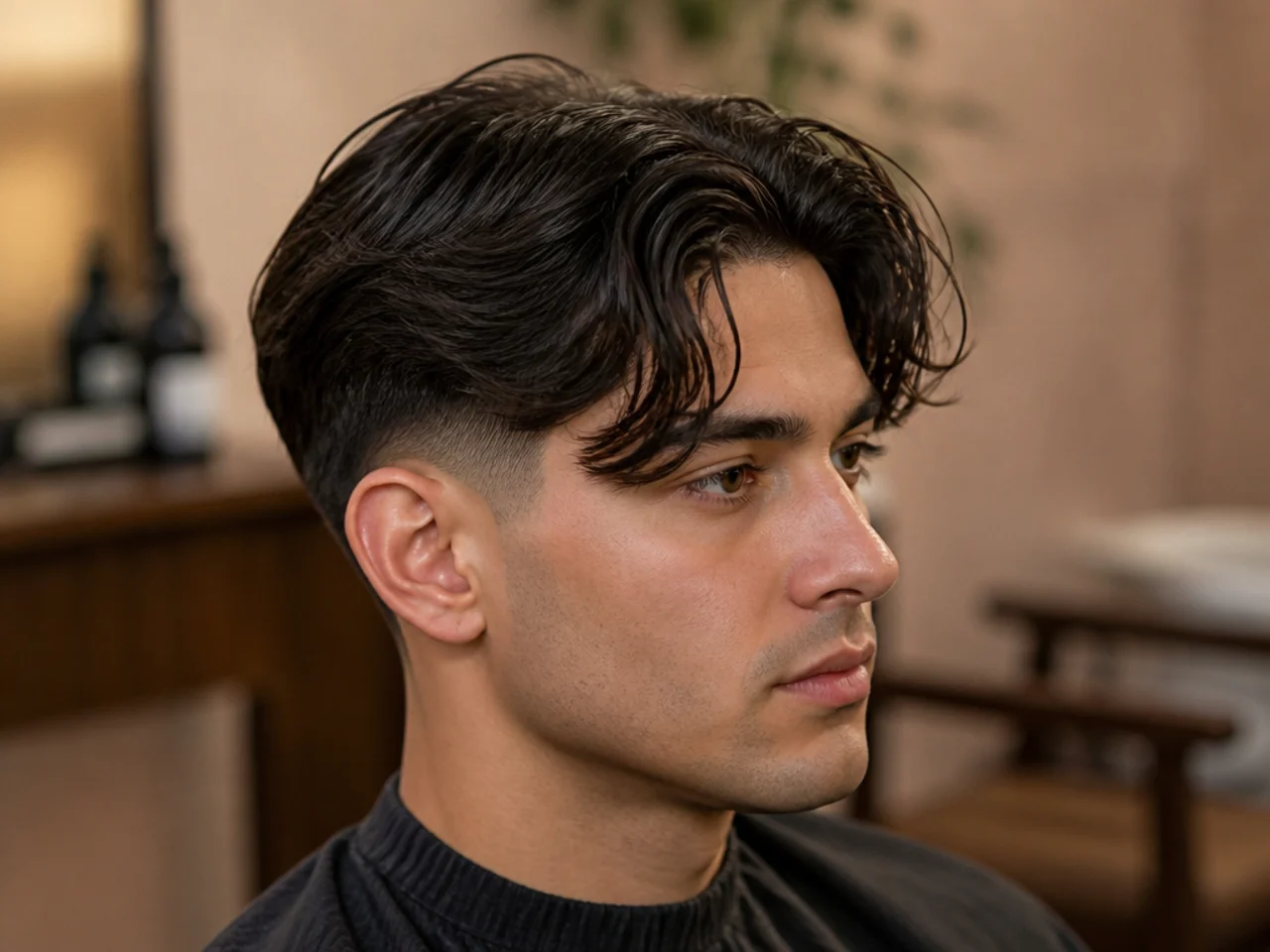 Messy tousled middle part with low taper fade for a lived-in look