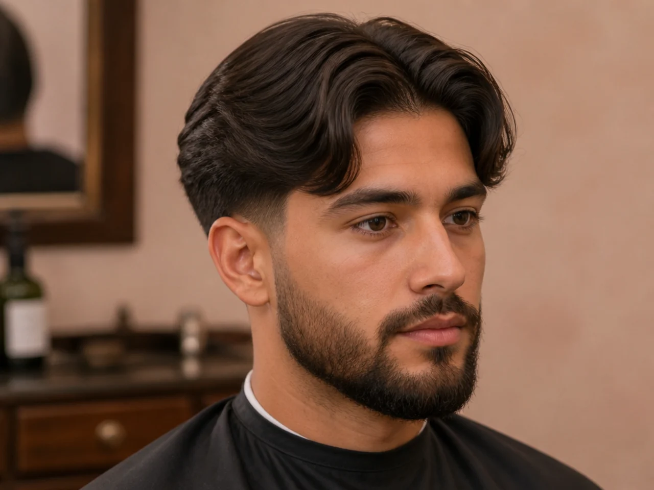 Middle part with a full trimmed beard blended into the low taper fade