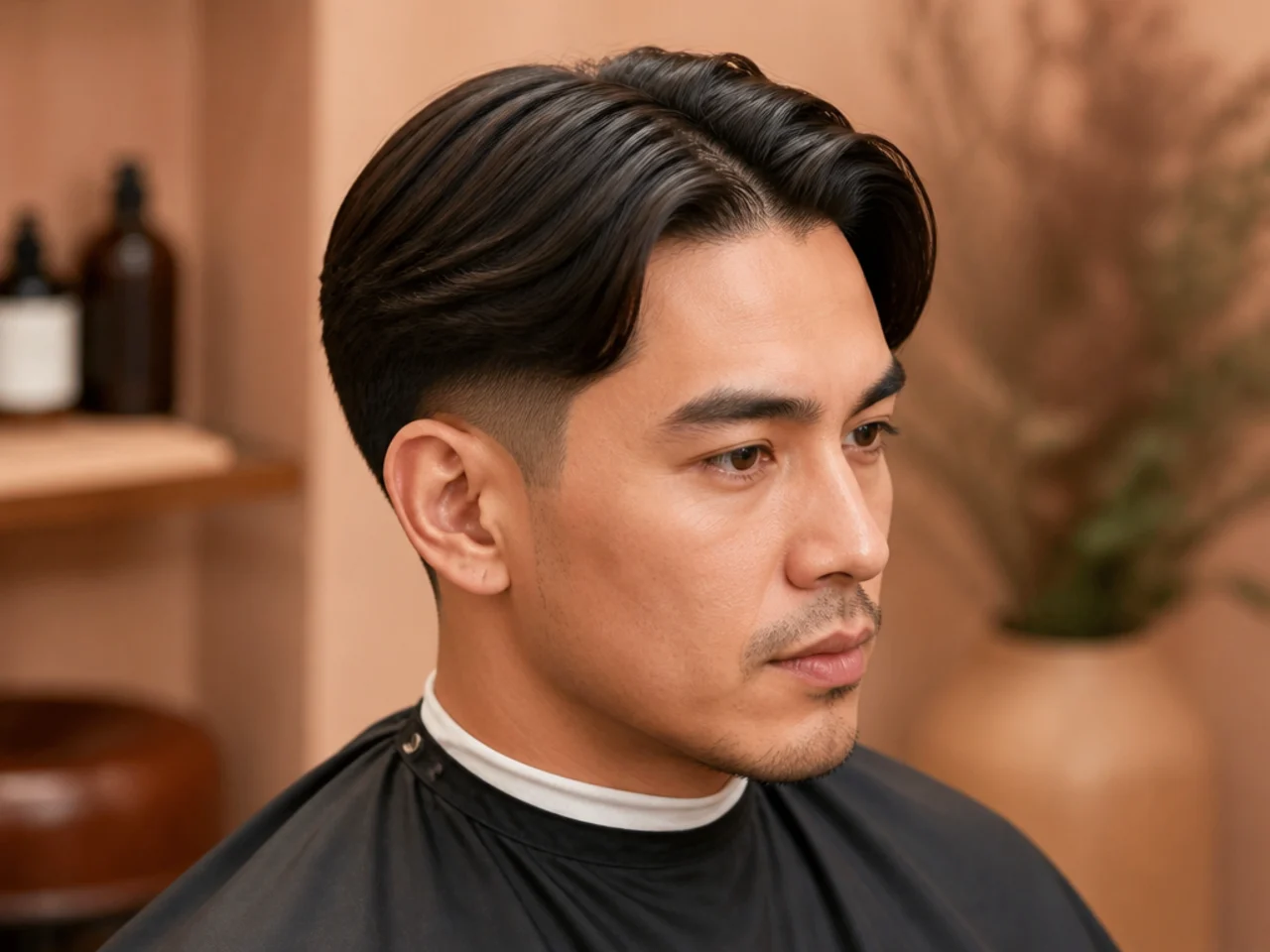 Straight middle part combed straight down with low taper fade