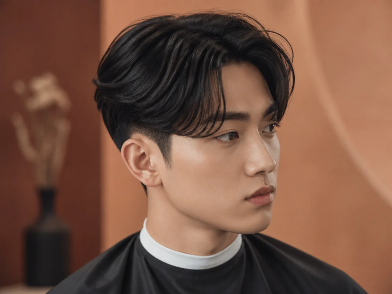 K-pop curtain middle part with feathered fringe falling past the brows and low taper fade underneath
