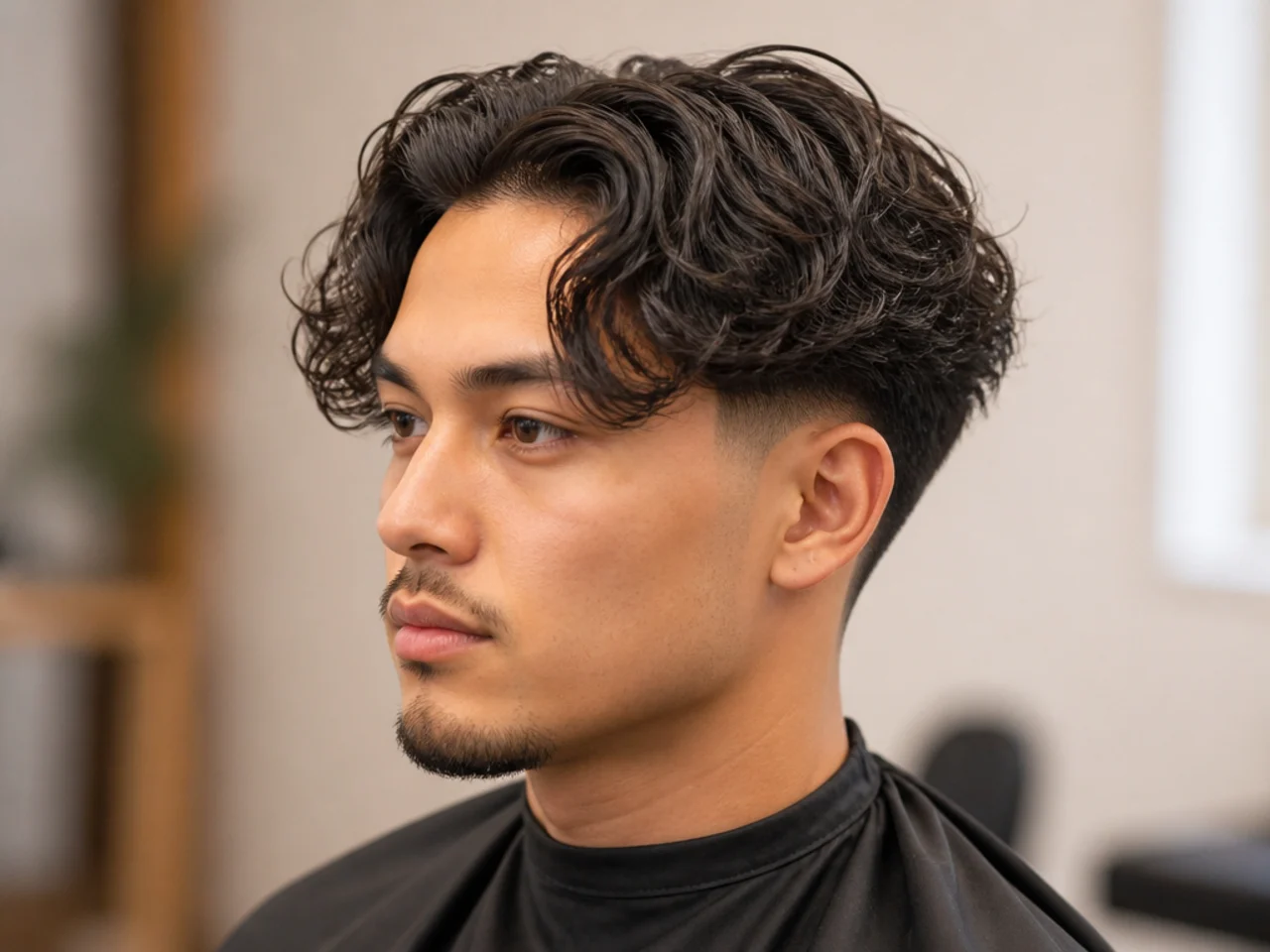 Loose perm on a middle part with low taper fade — Korean C-curl style