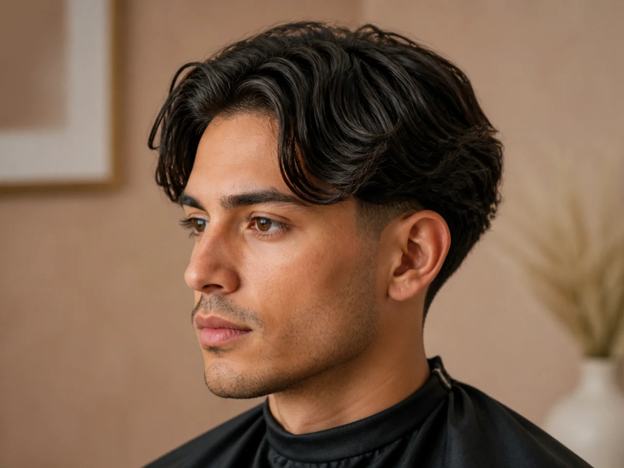 Wavy 2B middle part with low taper fade showing natural texture and movement