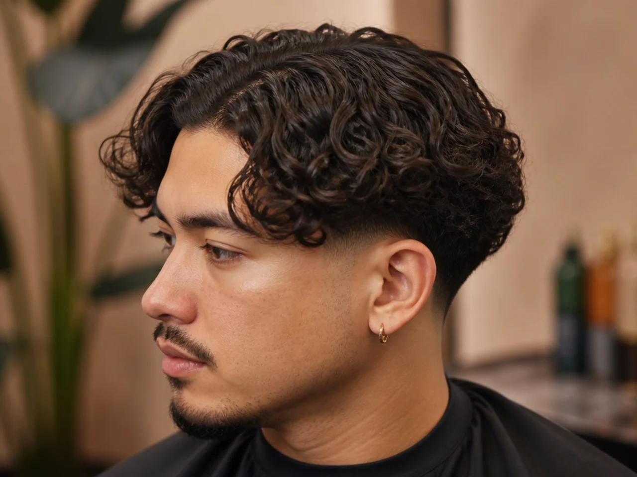 Curly 3A middle part on top with low taper fade sides