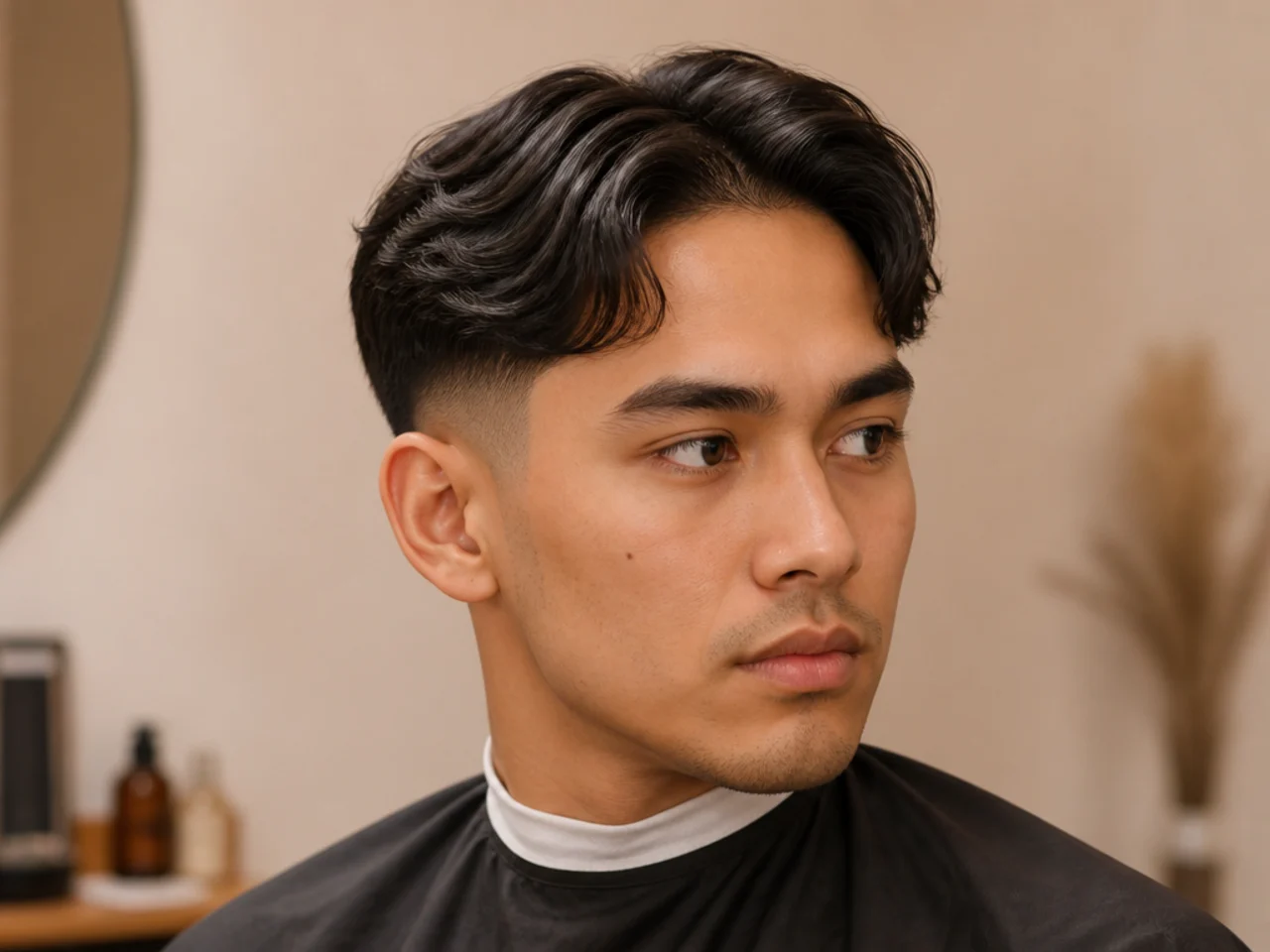 Low drop taper curving behind the ear with a straight middle part on top