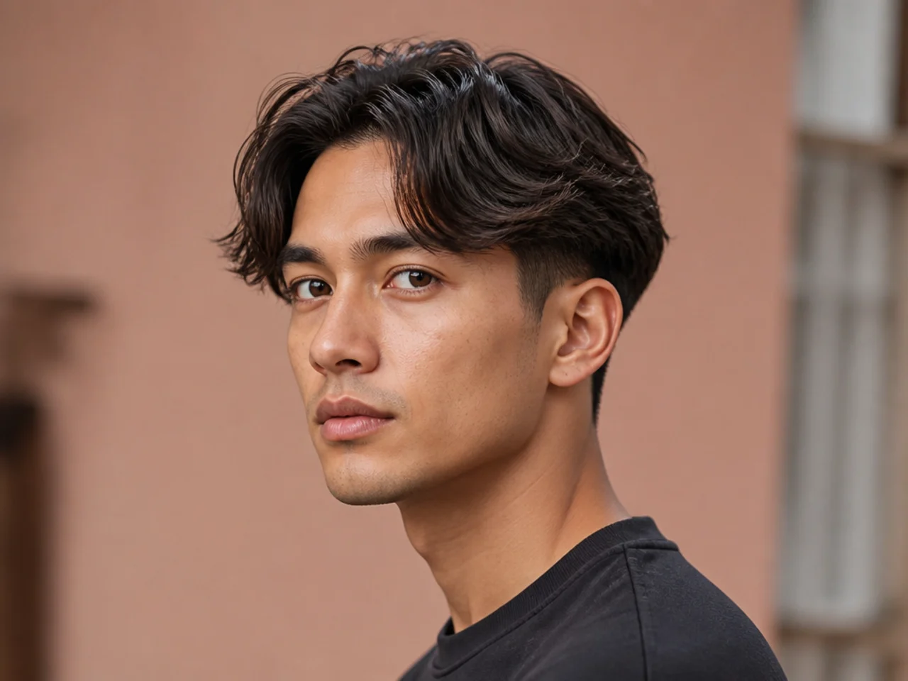 Middle part with heavily textured piecey fringe and low taper fade
