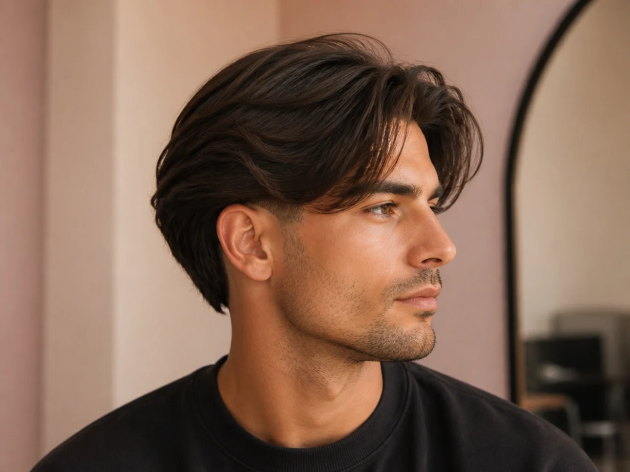 Long flow middle part on wavy hair with low taper fade sides