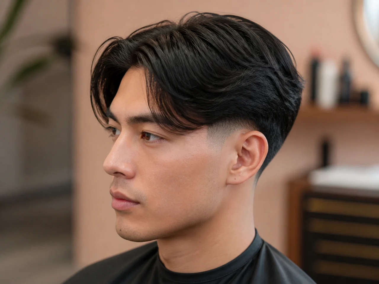 Short three-inch middle part with clean low taper fade for the office