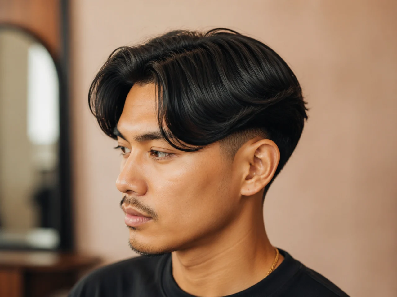 Client showing a reference photo of a low taper fade middle part to a barber