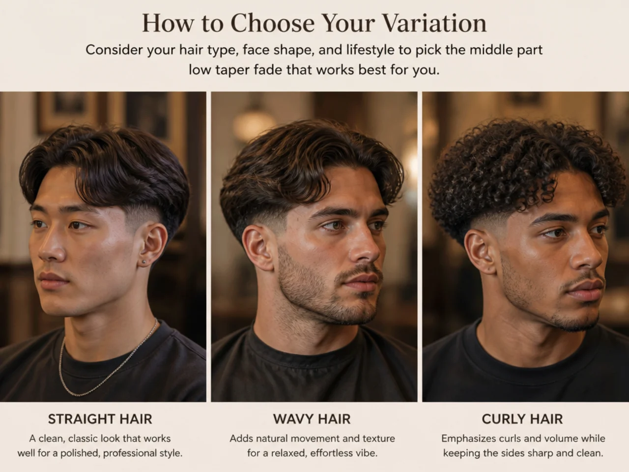 Three men with different low taper fade middle part styles — straight, wavy, and curly textures