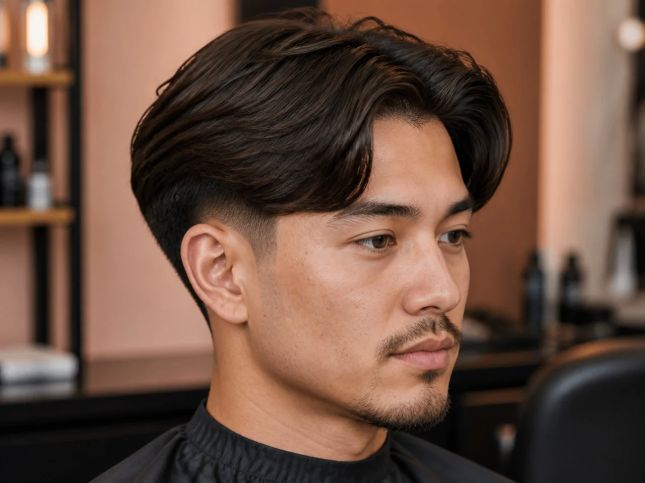 Low taper fade middle part on a young man showing the soft blend at the temple and the split down the center of the top
