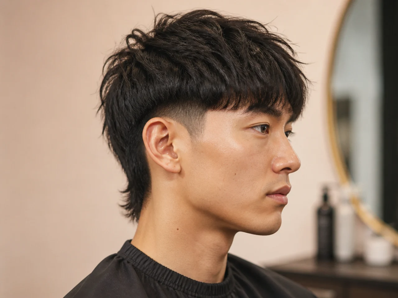 Low taper fade mullet with a textured fringe falling forward onto the forehead