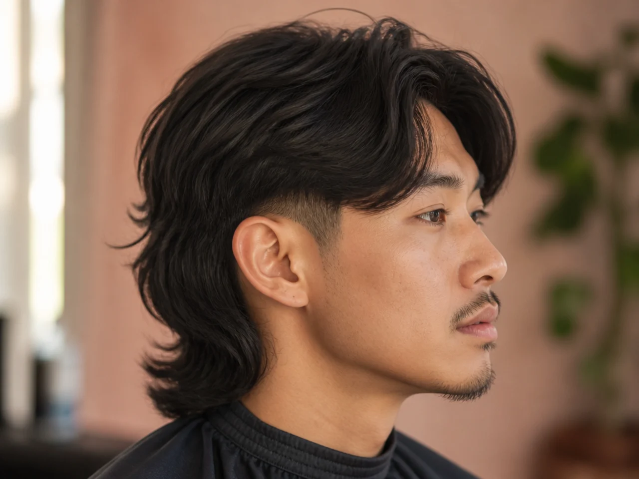 Low taper fade mullet split down the middle with two curtain sections falling forward
