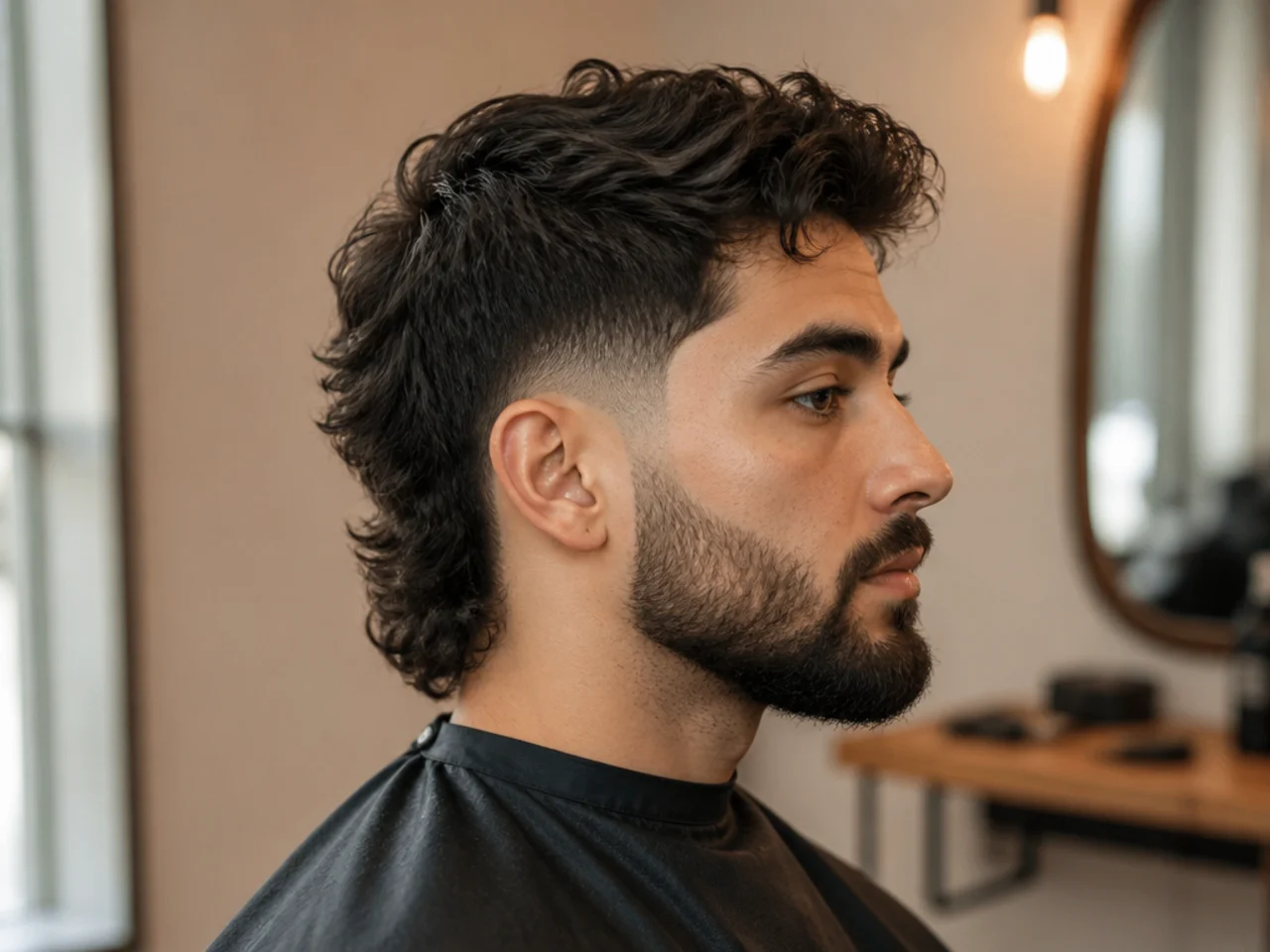 Low taper fade mullet paired with a full matched-grade beard on a man in his late twenties