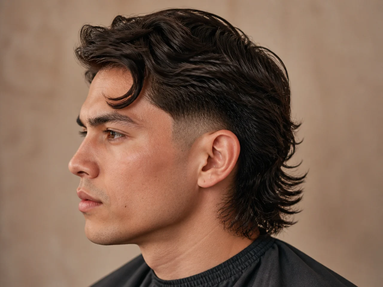 Low taper fade mullet with two comma-shaped front strands curling down onto the forehead