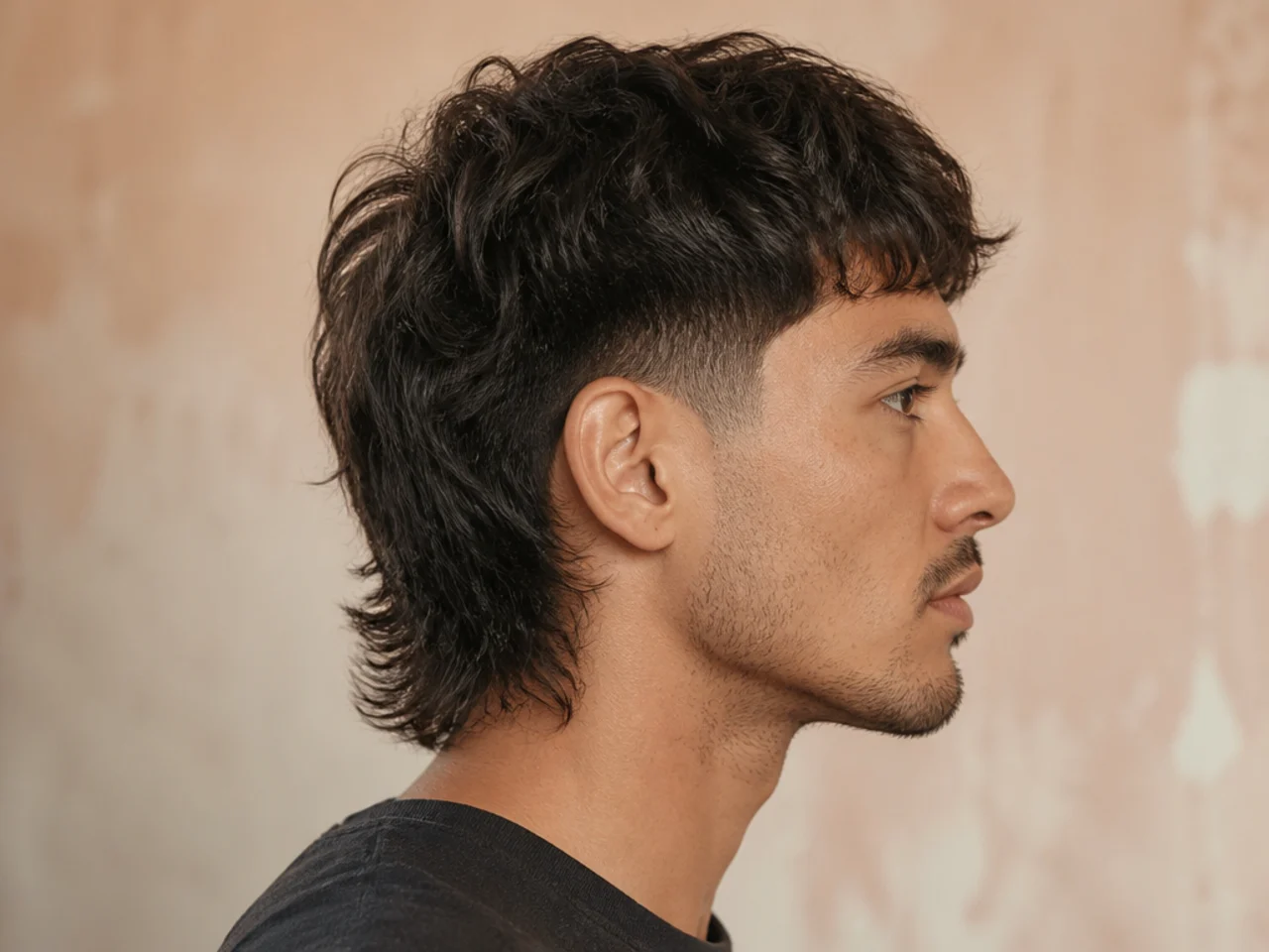 Low taper fade wolf mullet with heavy face-framing layers and shaggy back length