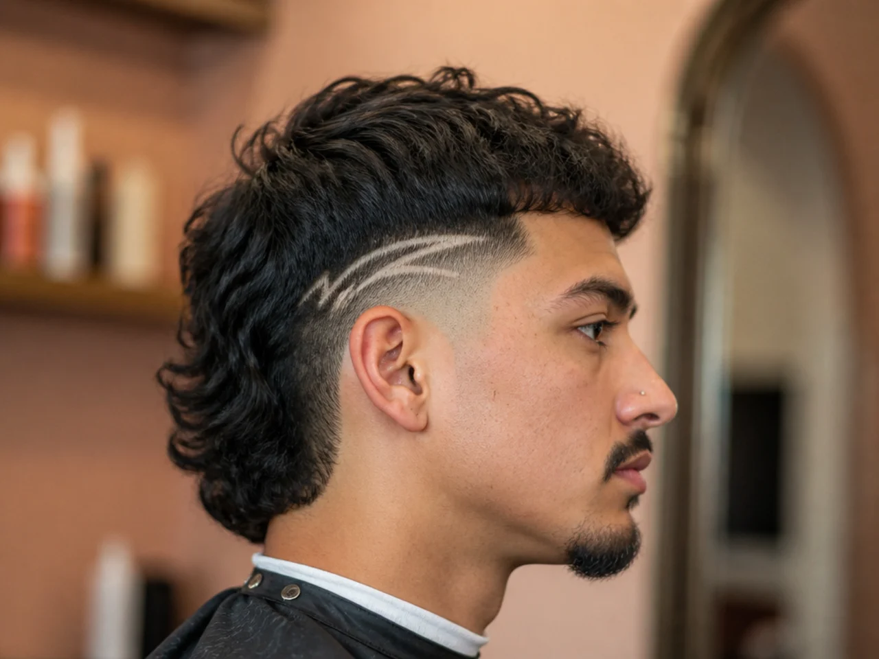 Low taper fade mullet with a single shaved line design running through the sideburn taper