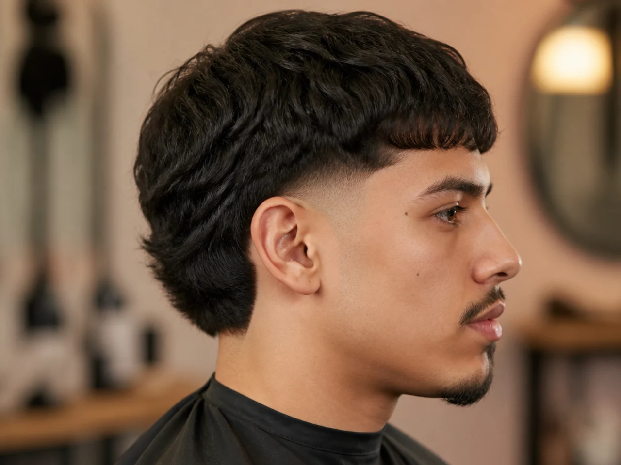 Edgar low taper fade mullet with a straight-across fringe and layered three-inch back