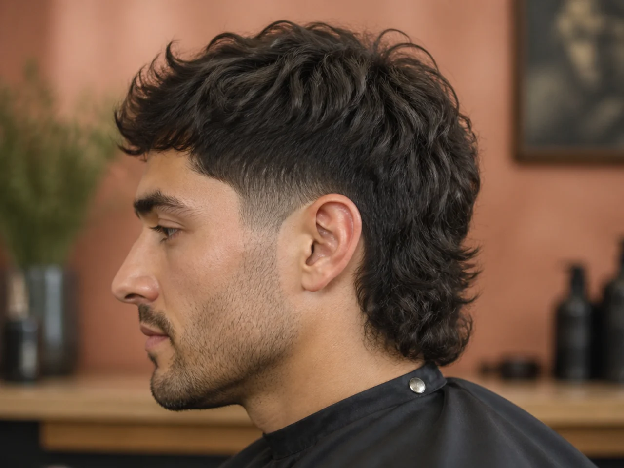 Hockey style low taper fade mullet with long flowing back length and clean sideburn taper