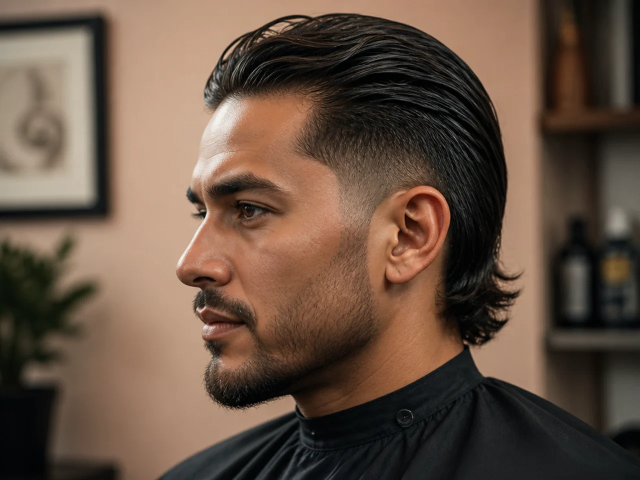 Slick back low taper fade mullet with pomade-styled top swept backward over the crown
