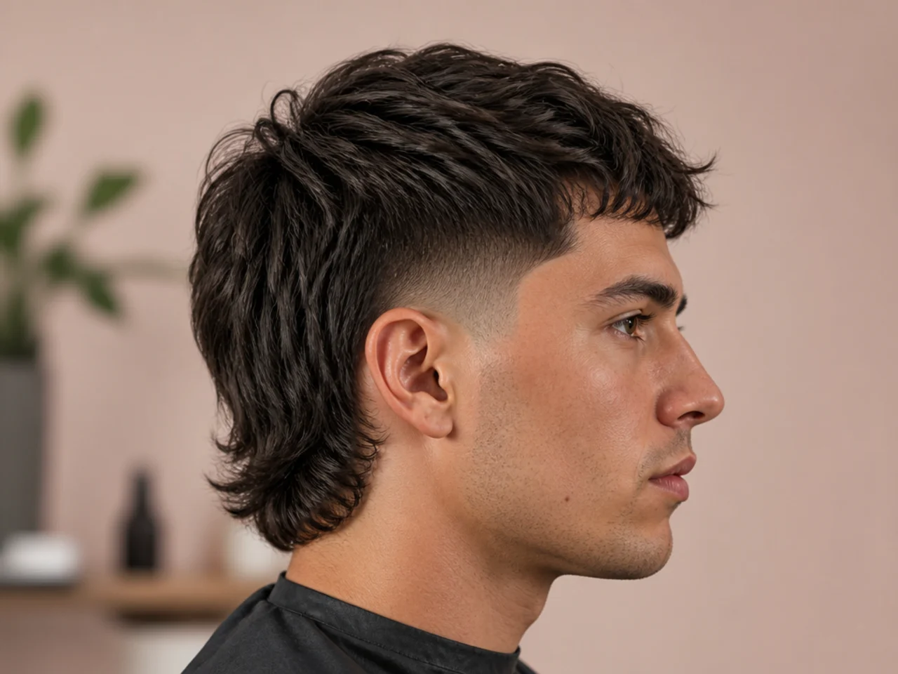 Short low taper fade mullet with two-inch back and clean sideburn taper