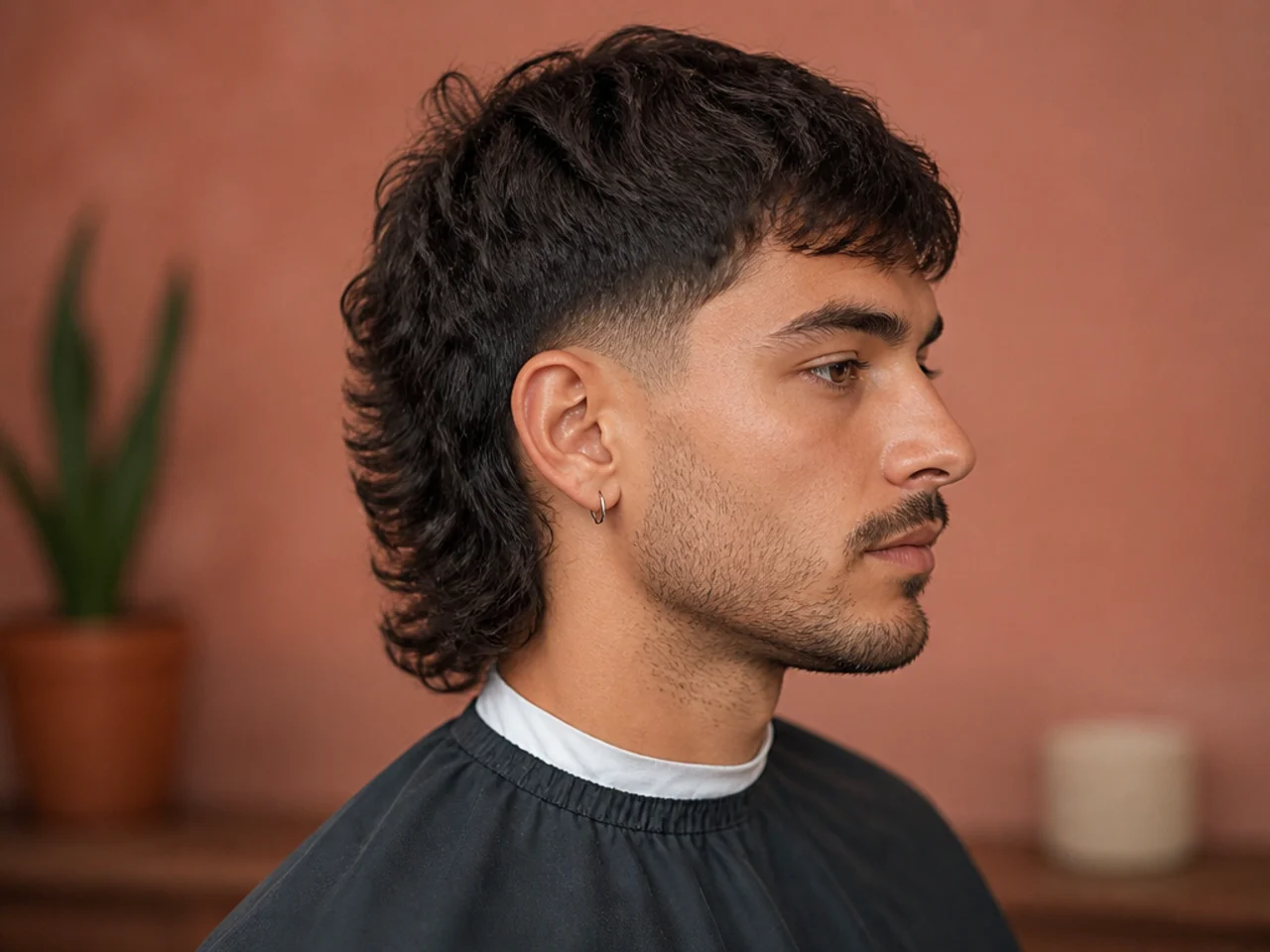 Long low taper fade mullet with the back reaching past the collar and feathered internal layers