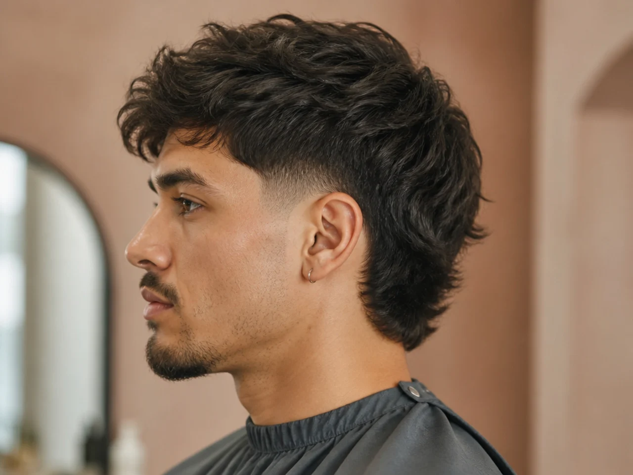 Textured top low taper fade mullet with choppy point-cut top pieces falling in different directions