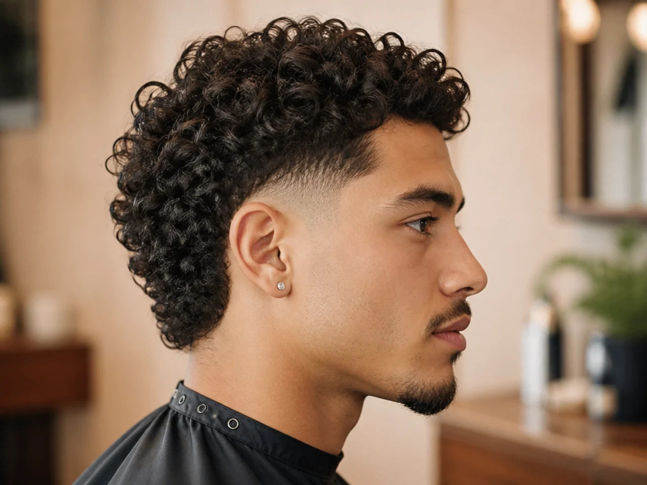 Curly low taper fade mullet on a man with type 3 curls on top and a defined sideburn taper