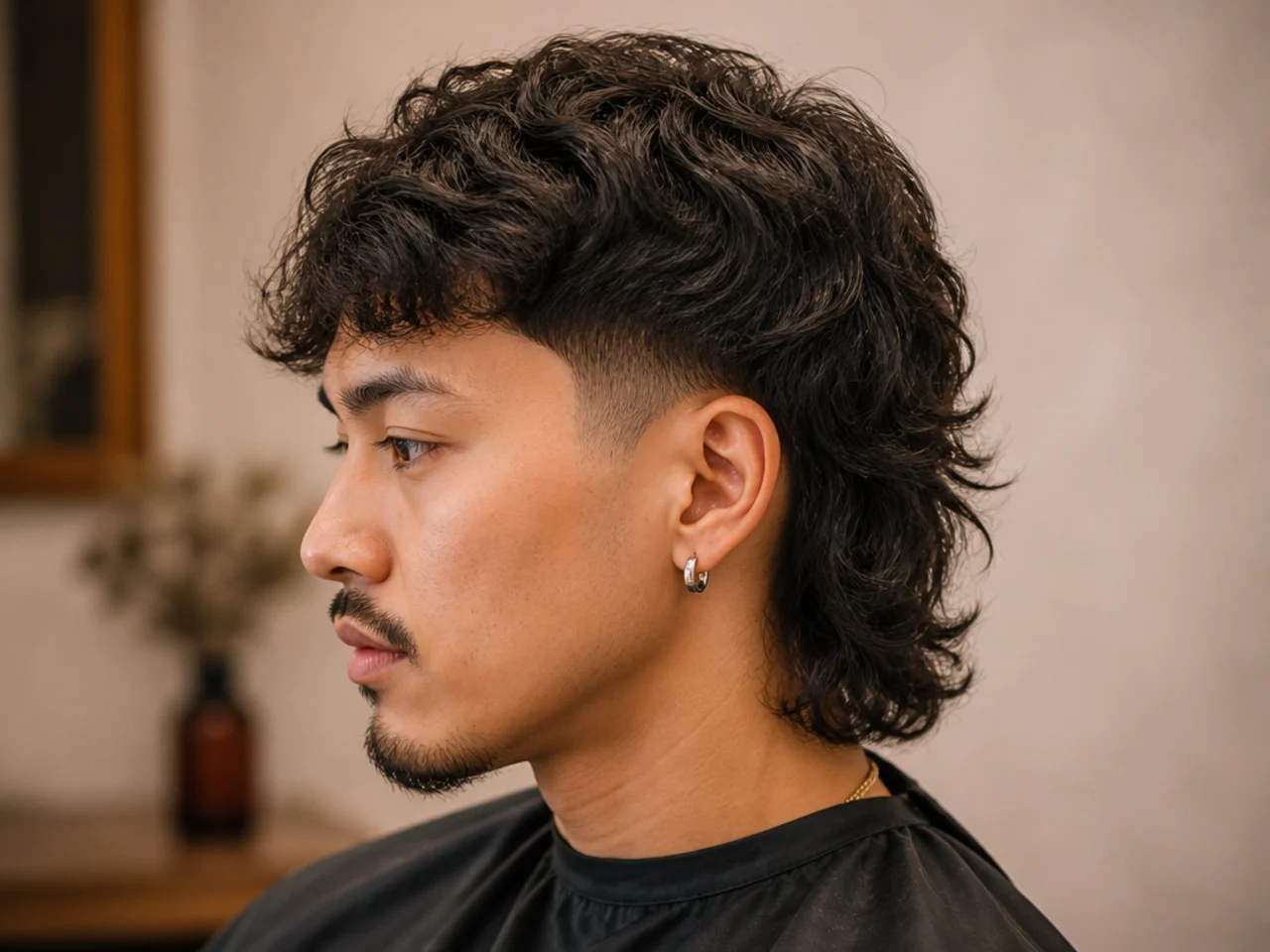 Wavy hair low taper fade mullet with natural movement through the top and back